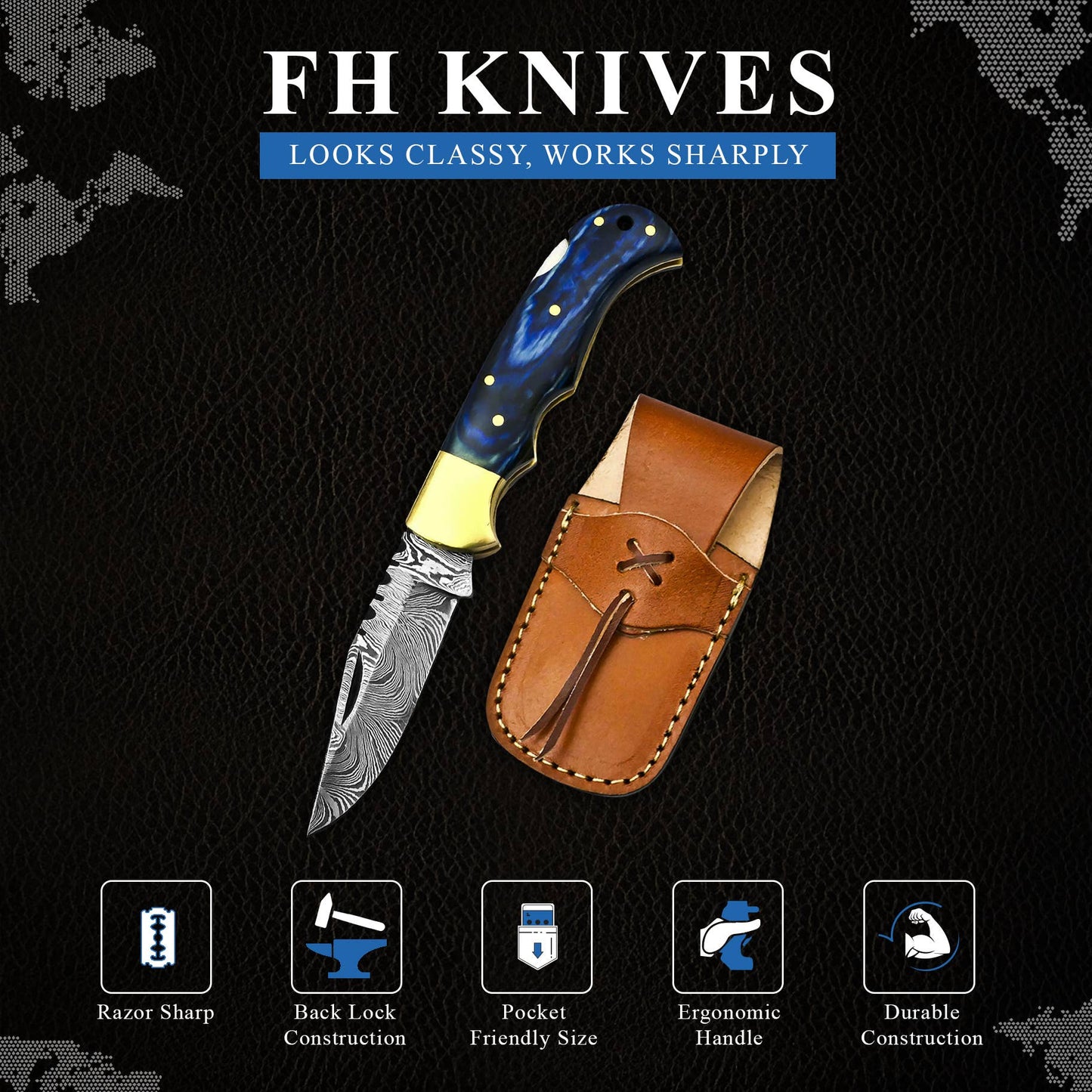 FH KNIVES - 6.5' Handmade damascus folding knife, Pocket Knife