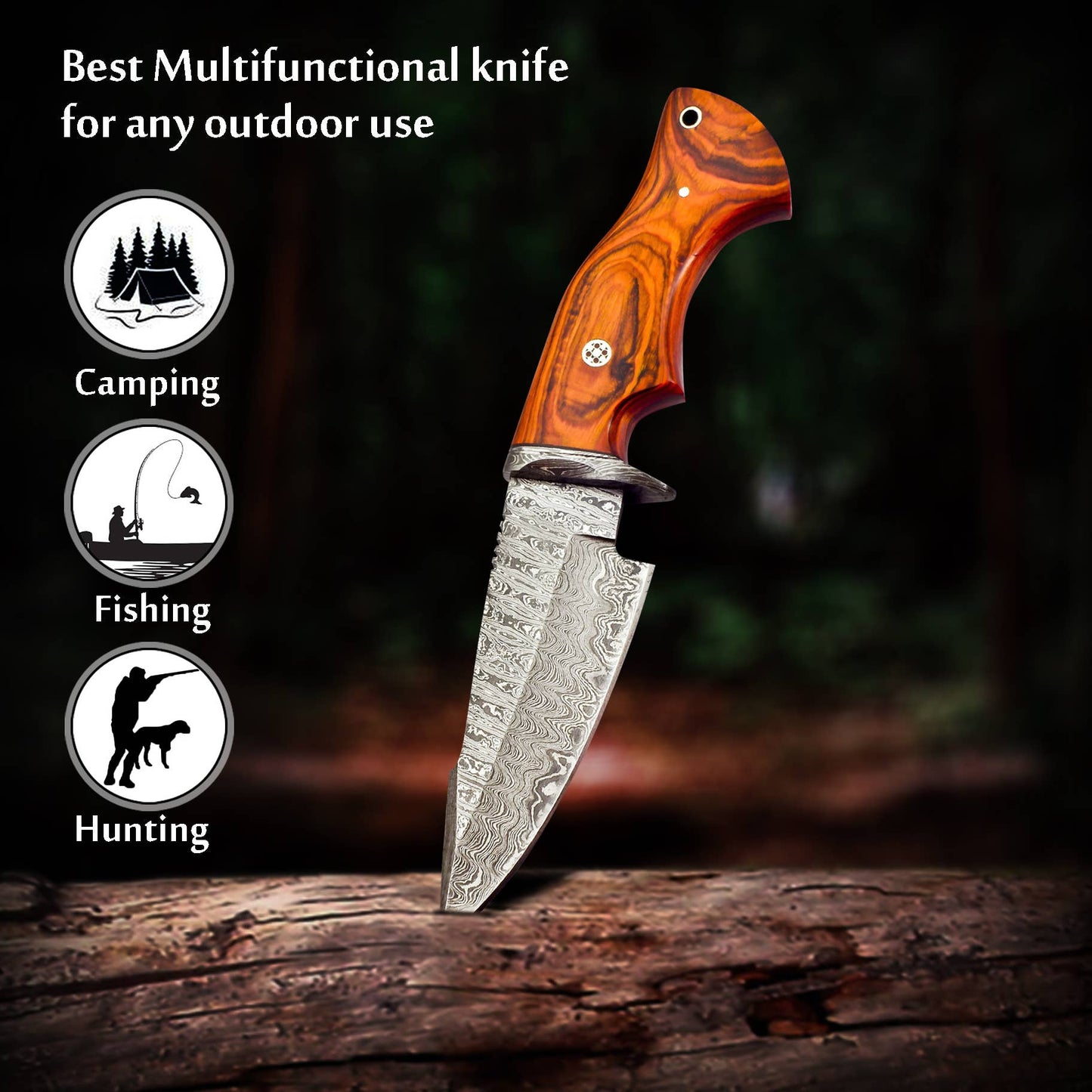 FH KNIVES - 10' Handmade damascus steel knife with leather sheath