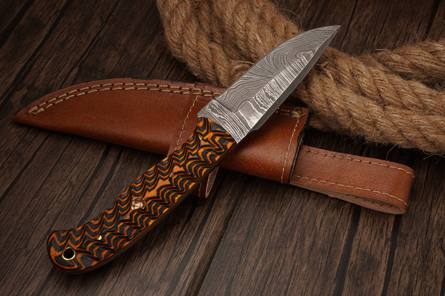 FH KNIVES - 8' Damascus knife with leather sheath Grooved handle