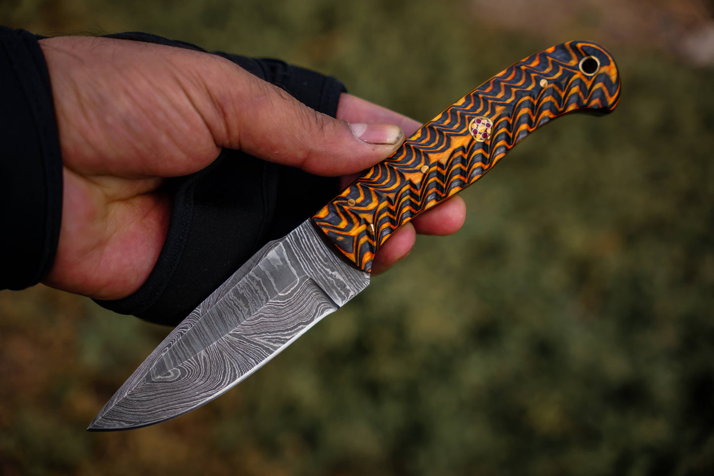FH KNIVES - 8' Damascus knife with leather sheath Grooved handle