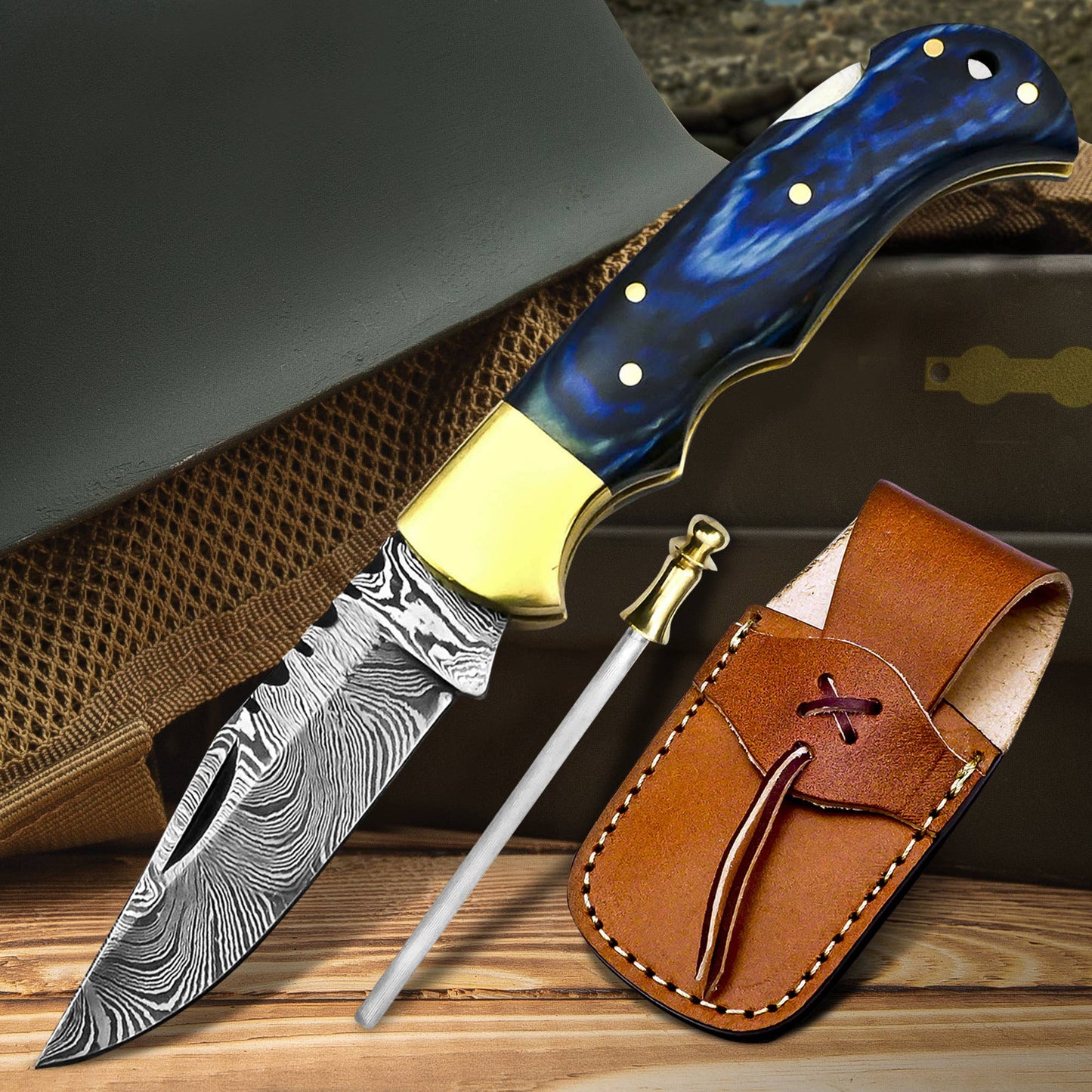 FH KNIVES - 6.5' Handmade damascus folding knife, Pocket Knife