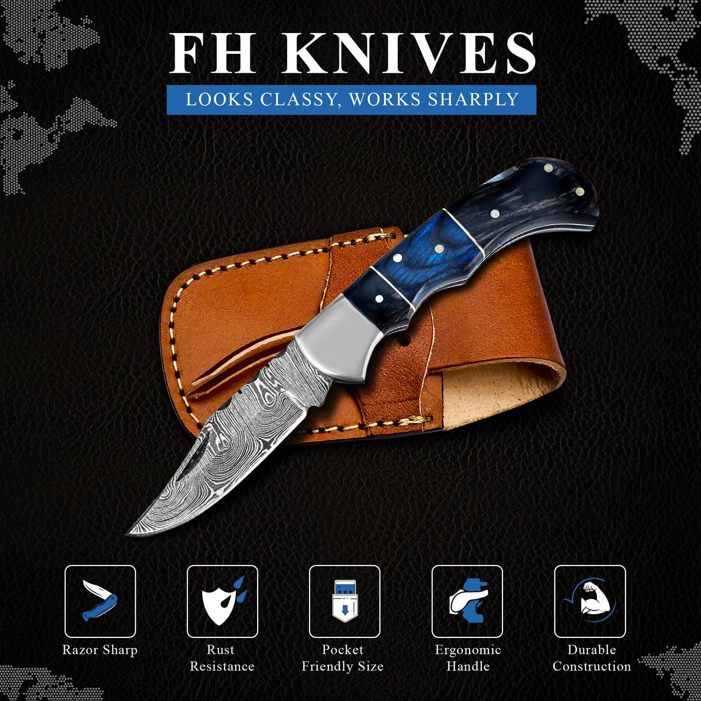 FH KNIVES - 6.5' Handmade damascus folding knife, Pocket Knife