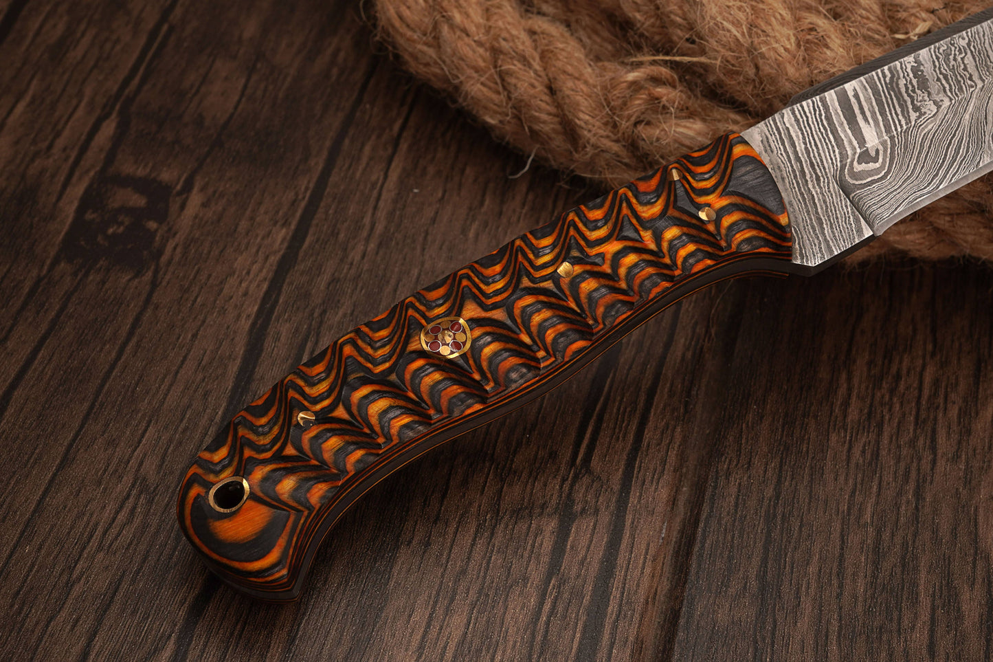 FH KNIVES - 8' Damascus knife with leather sheath Grooved handle