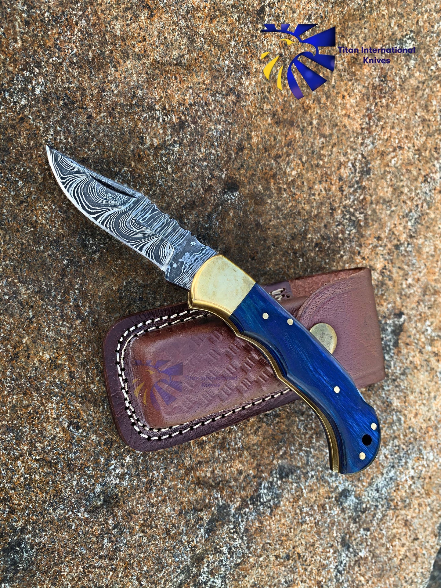 Titan International - Blue Diamond Wood folding knife with Leather Sheath