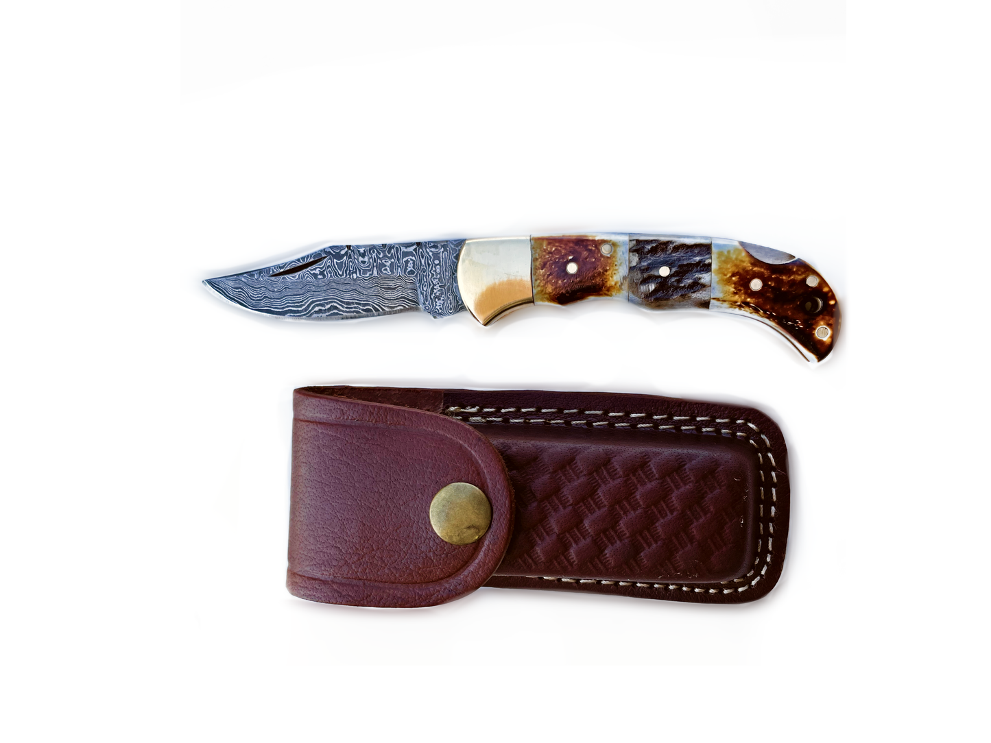 Titan International - Burnt Bone and Stag Horn folding knife with Leather Sheath