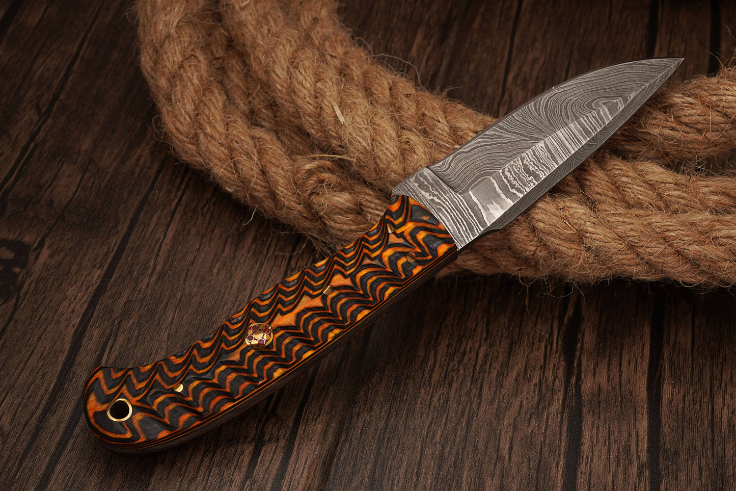 FH KNIVES - 8' Damascus knife with leather sheath Grooved handle
