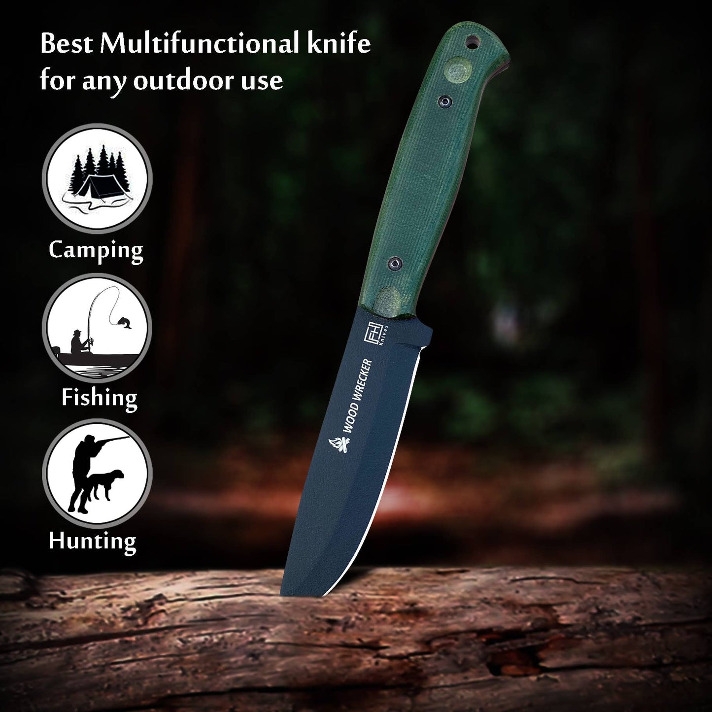 FH KNIVES - 10' Micarta handle Bushcraft knife with Leather sheath