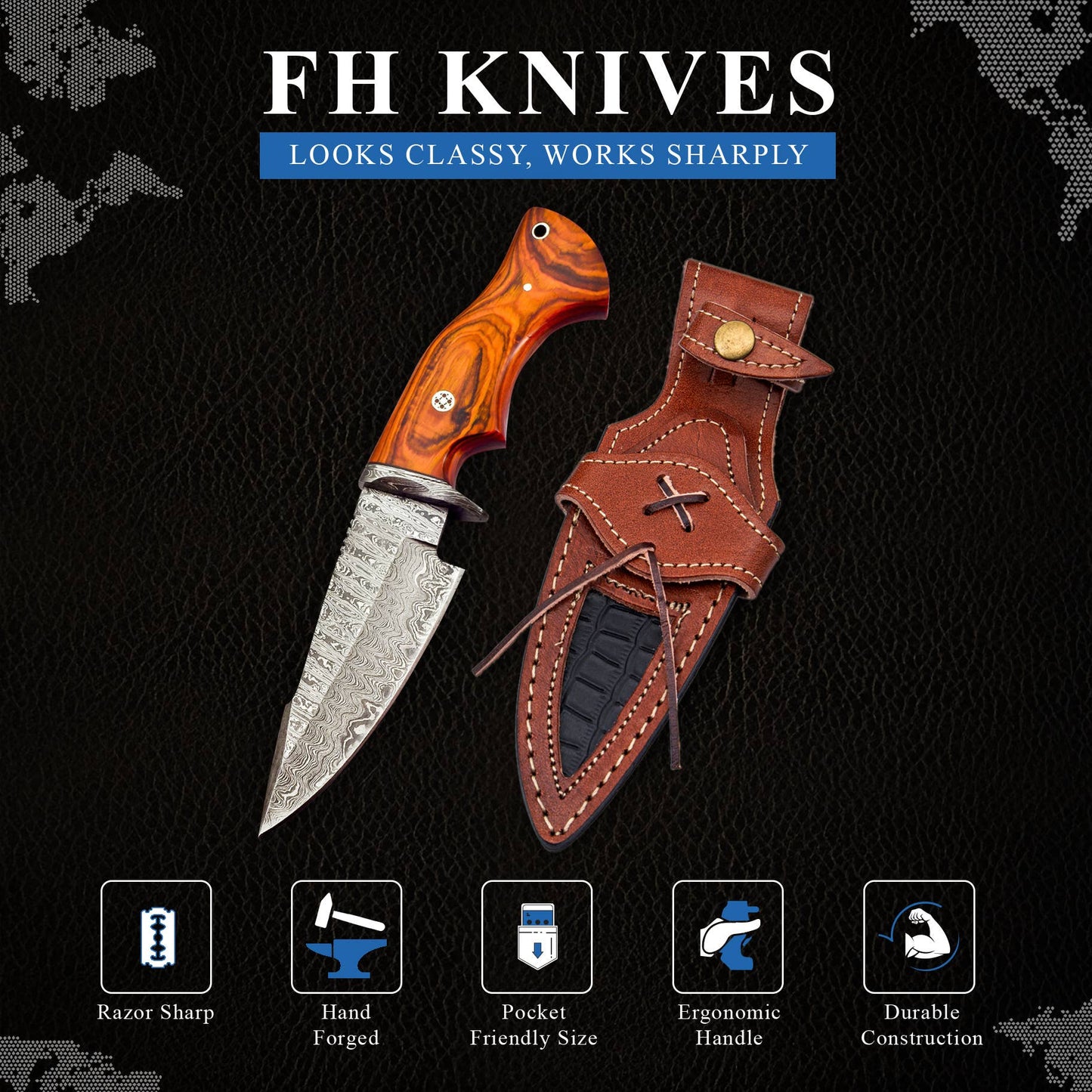FH KNIVES - 10' Handmade damascus steel knife with leather sheath