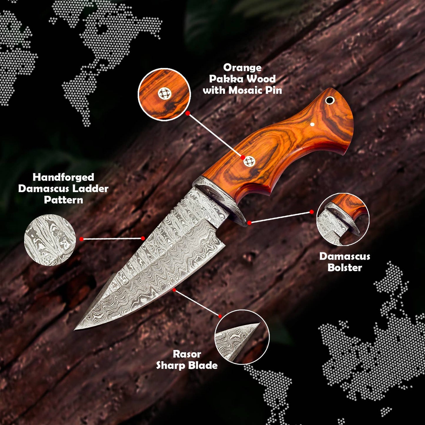 FH KNIVES - 10' Handmade damascus steel knife with leather sheath