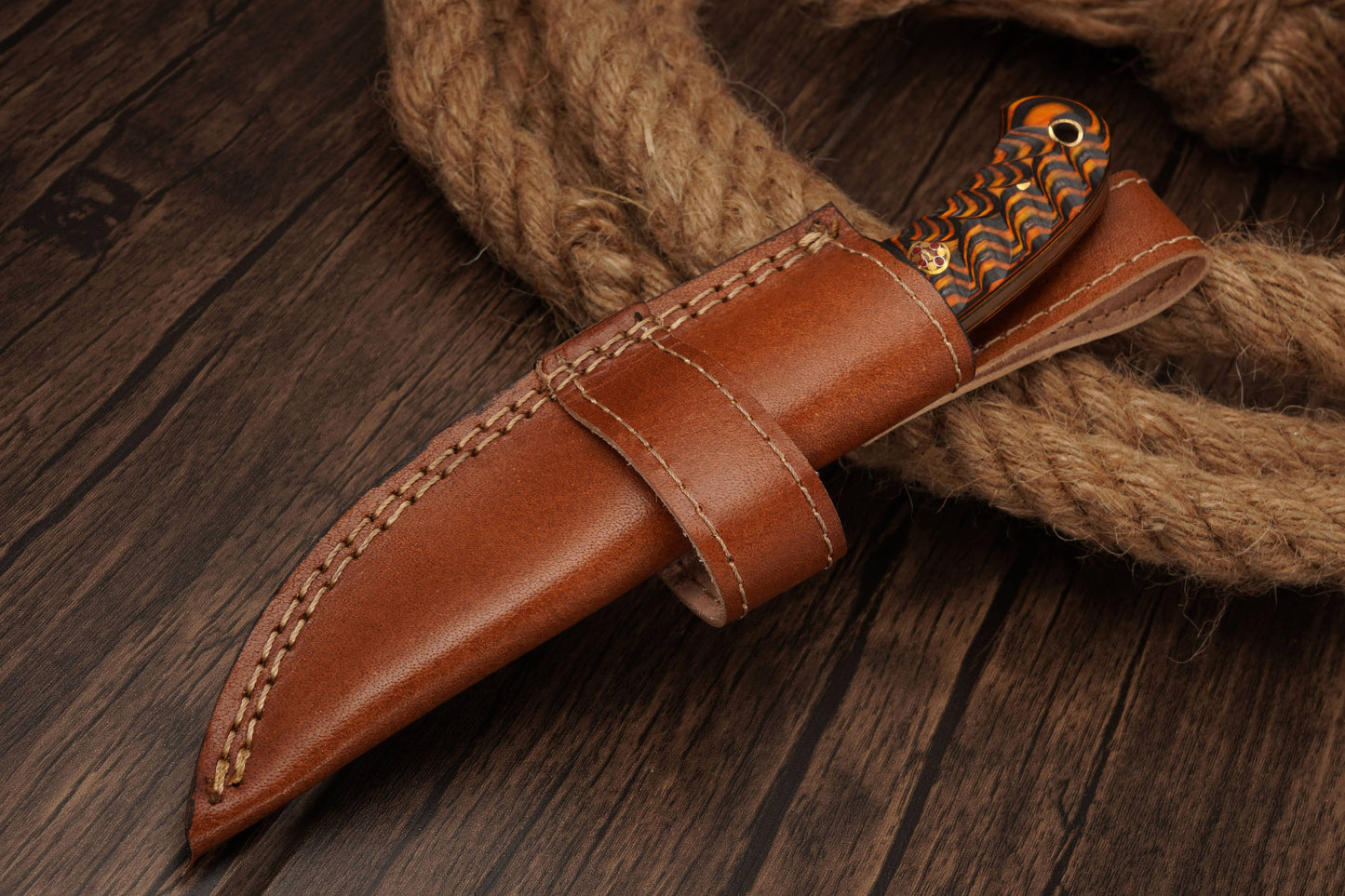 FH KNIVES - 8' Damascus knife with leather sheath Grooved handle