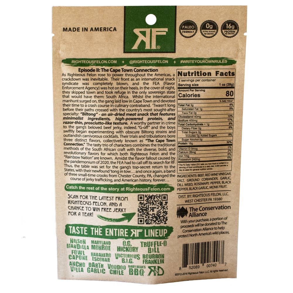 Righteous Felon Craft Jerky - Nelson Mandilla Biltong 2oz