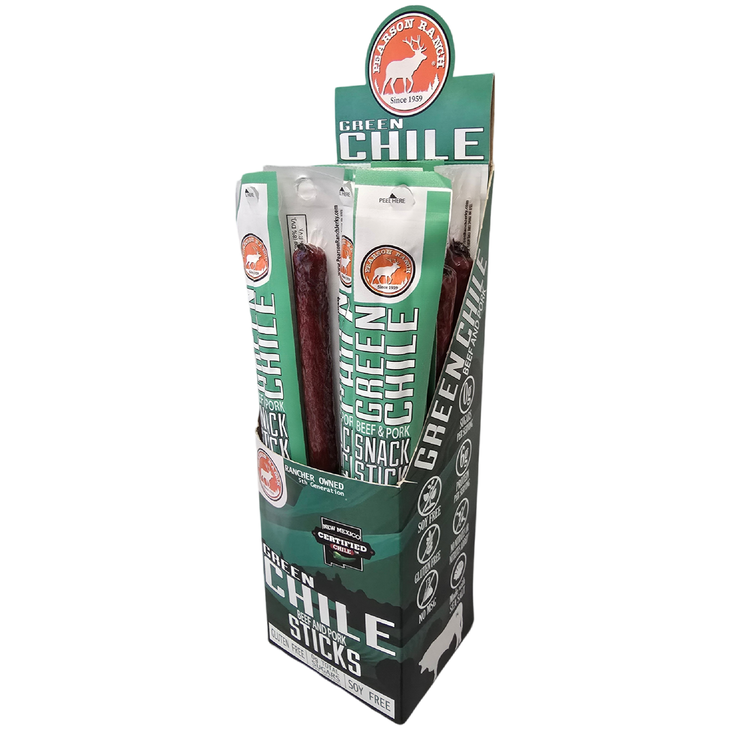 Pearson Ranch Elk & Bison Jerky - 24 Count Caddy - Green Chile Beef & Pork Snack Sticks