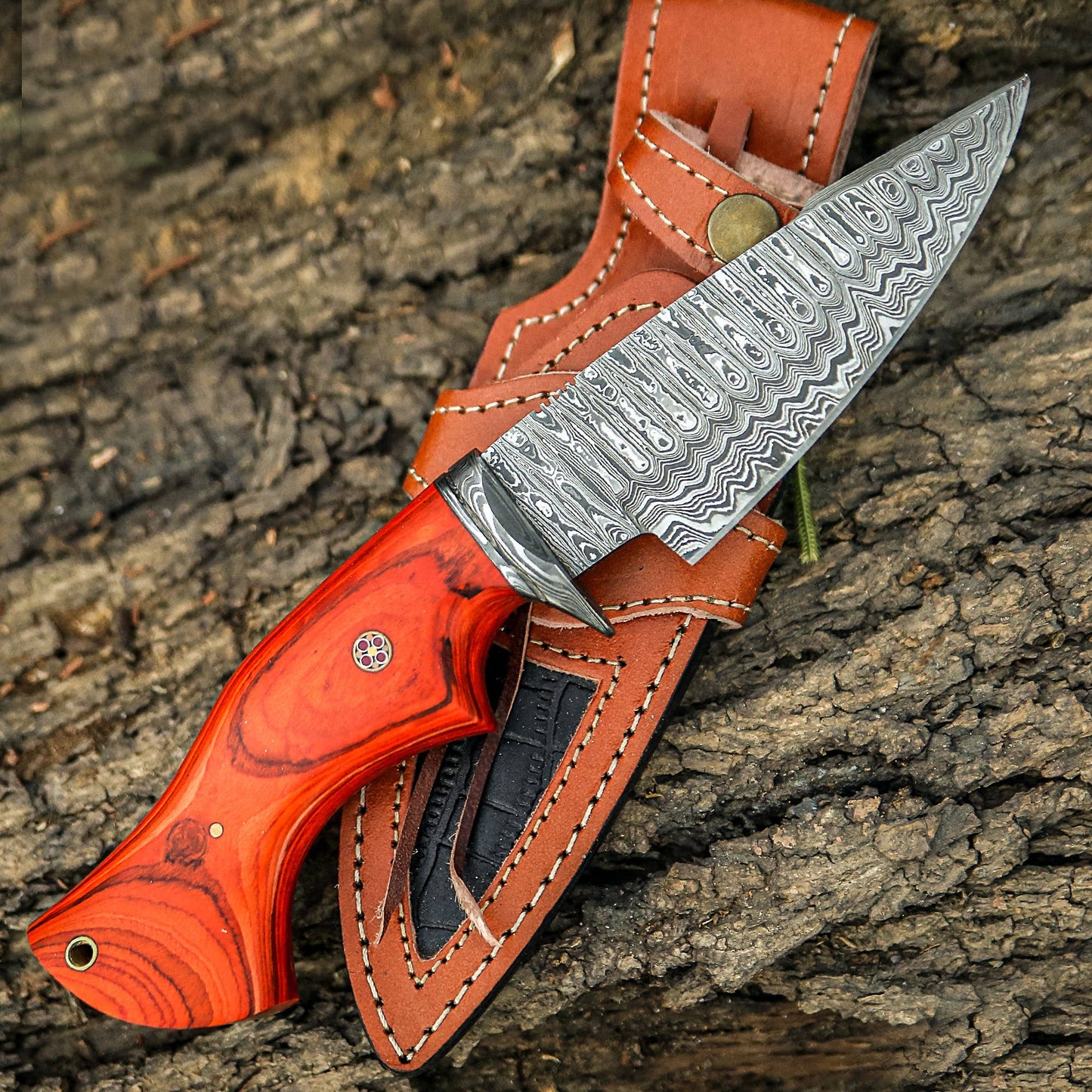 FH KNIVES - 10' Handmade damascus steel knife with leather sheath