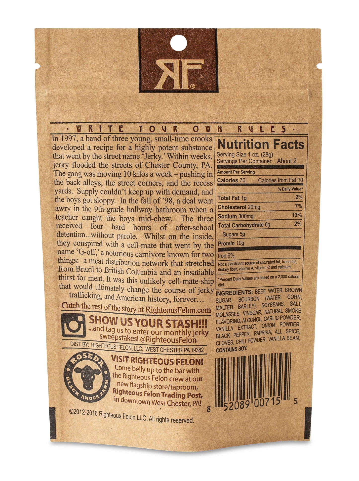 Righteous Felon Craft Jerky - Bourbon Franklin Beef Jerky 2oz