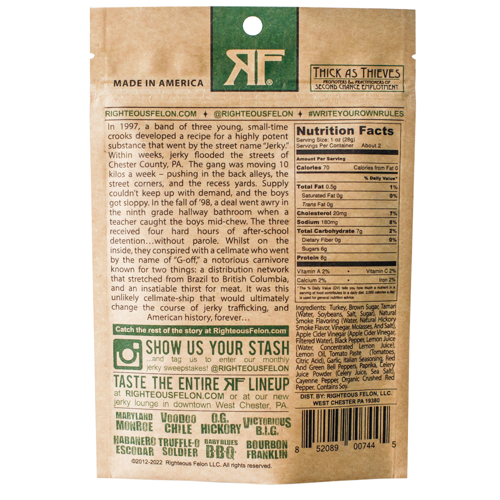 Righteous Felon Craft Jerky - Fowl Capone Turkey Jerky 2oz