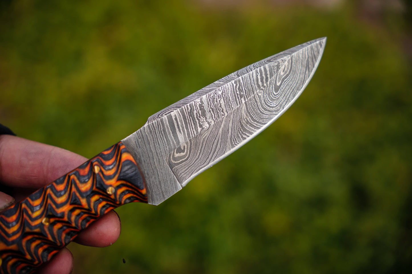 FH KNIVES - 8' Damascus knife with leather sheath Grooved handle