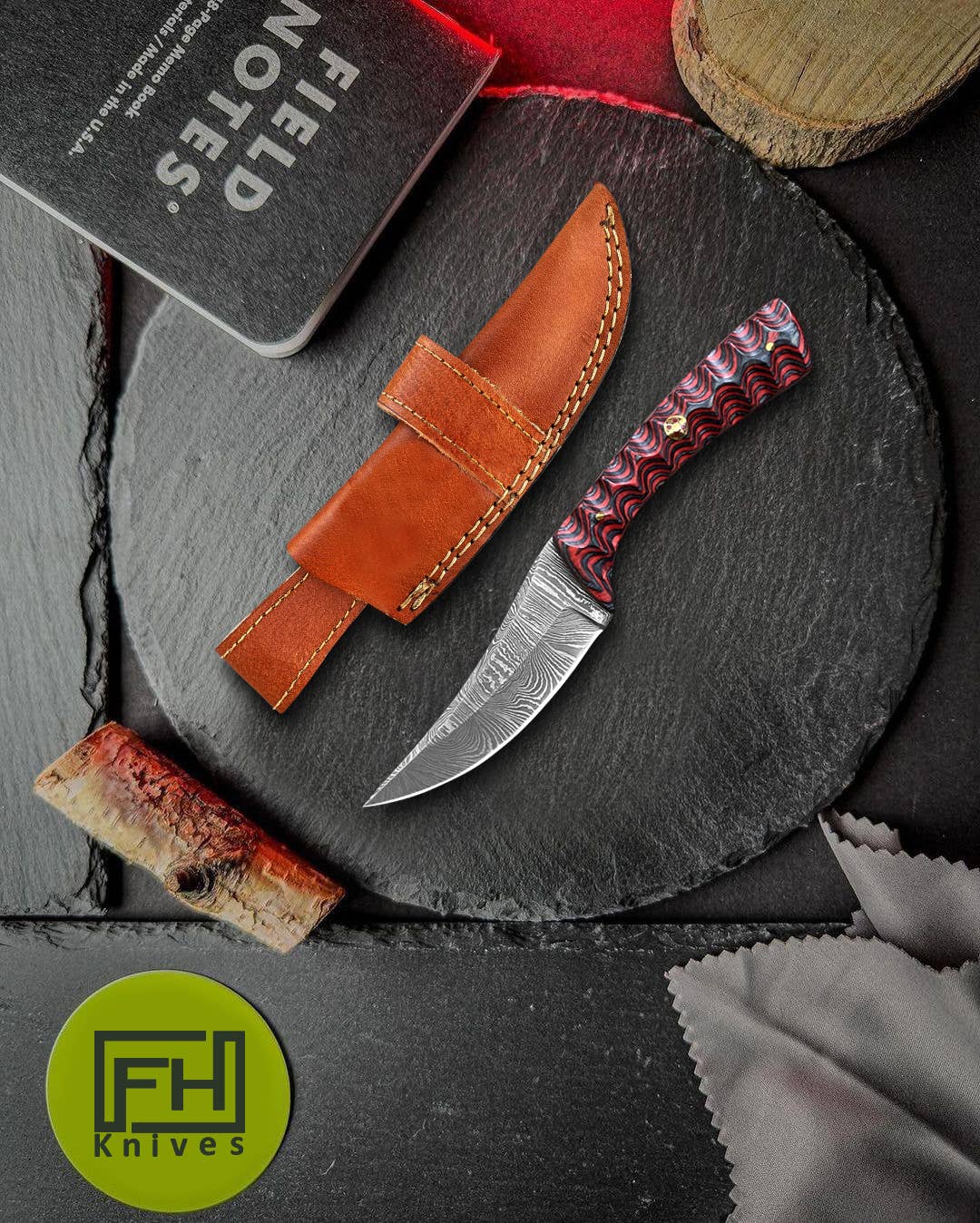 FH KNIVES - 8' Handmade damascus steel knife with leather sheath
