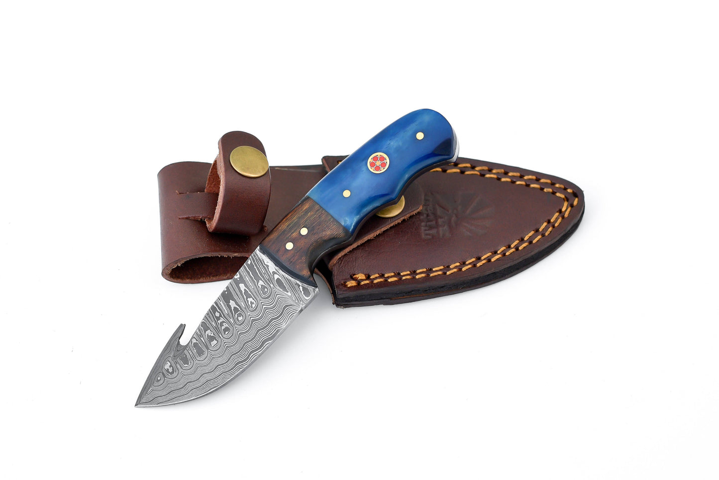 Titan International - Damascus Skinning gut hook, Hunting Knife by Titan TD-176XS Blue