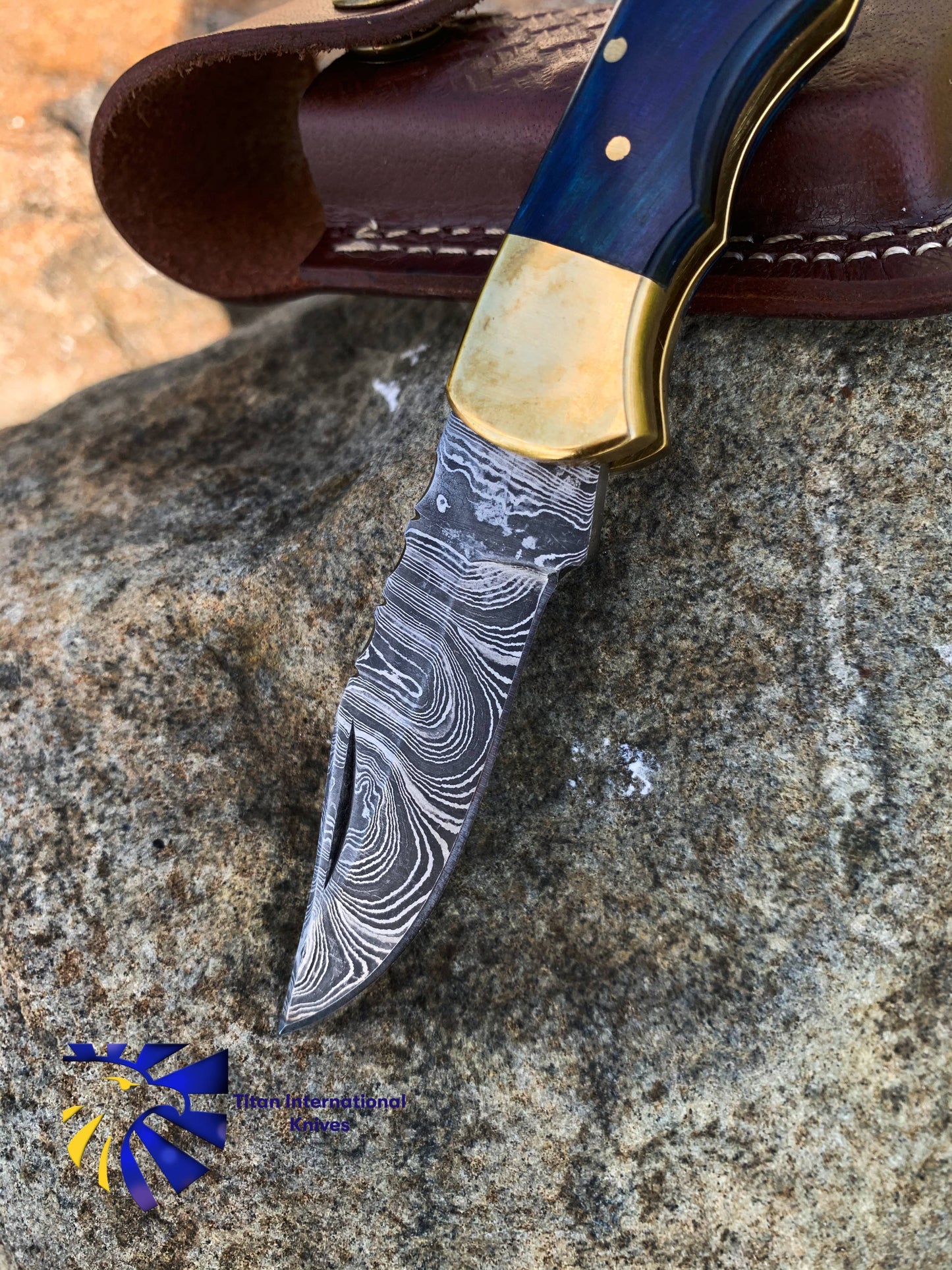 Titan International - Blue Diamond Wood folding knife with Leather Sheath