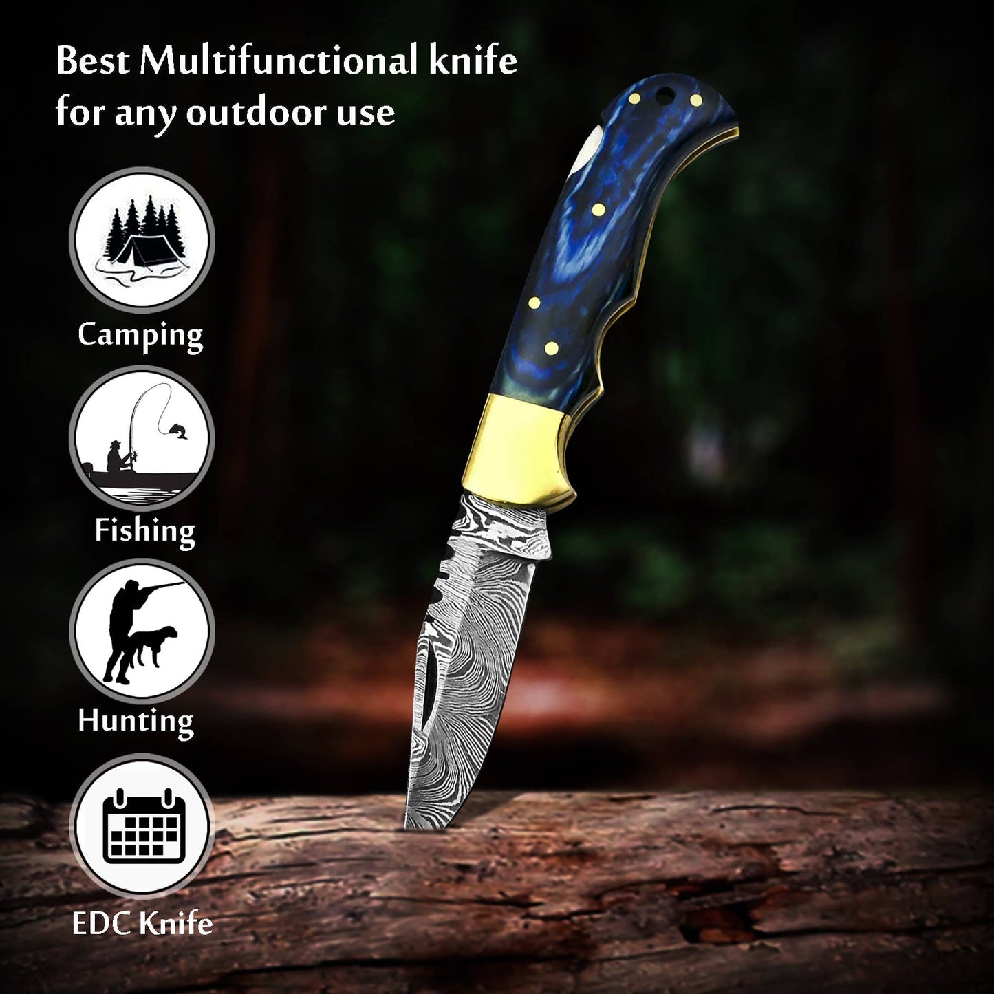 FH KNIVES - 6.5' Handmade damascus folding knife, Pocket Knife