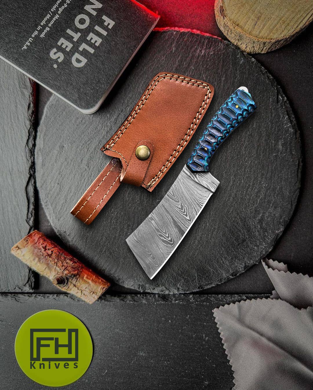 FH KNIVES - 8.25' Handmade damascus Cleaver knife with leather sheath