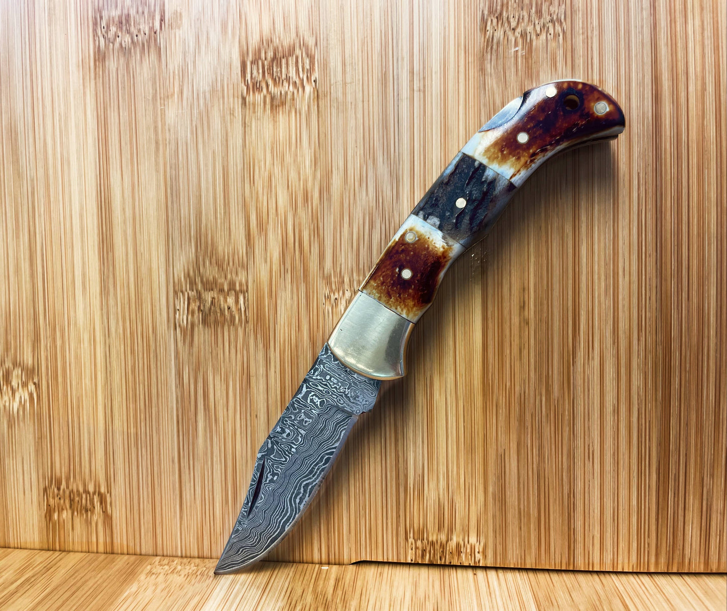 Titan International - Burnt Bone and Stag Horn folding knife with Leather Sheath