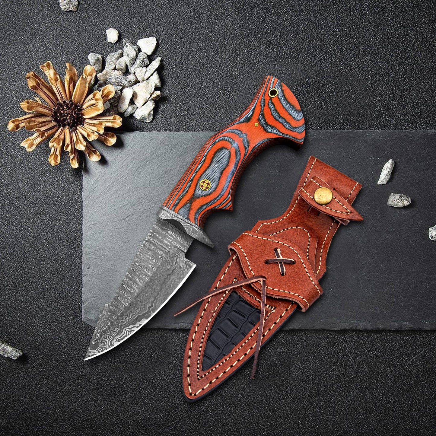 FH KNIVES - 10' Handmade damascus steel knife with leather sheath