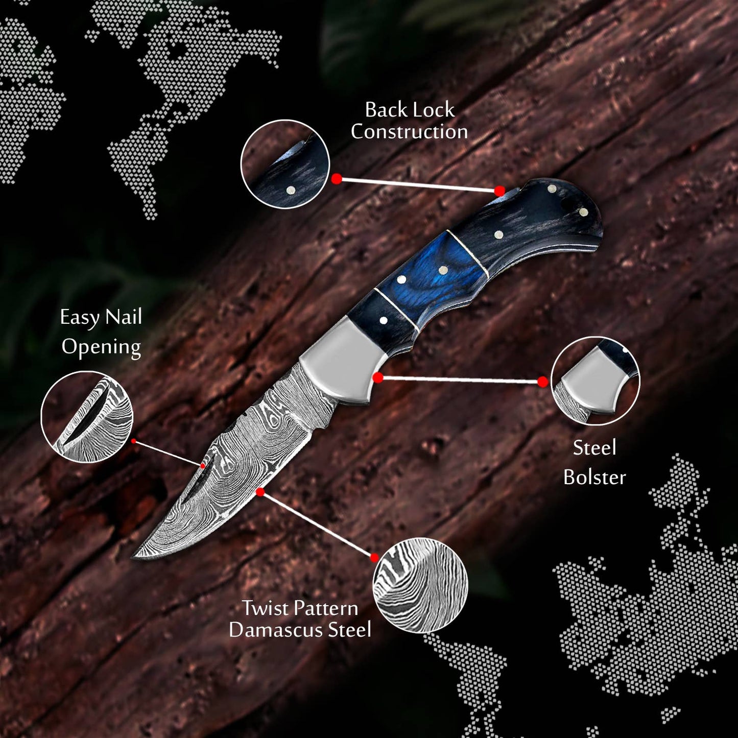 FH KNIVES - 6.5' Handmade damascus folding knife, Pocket Knife