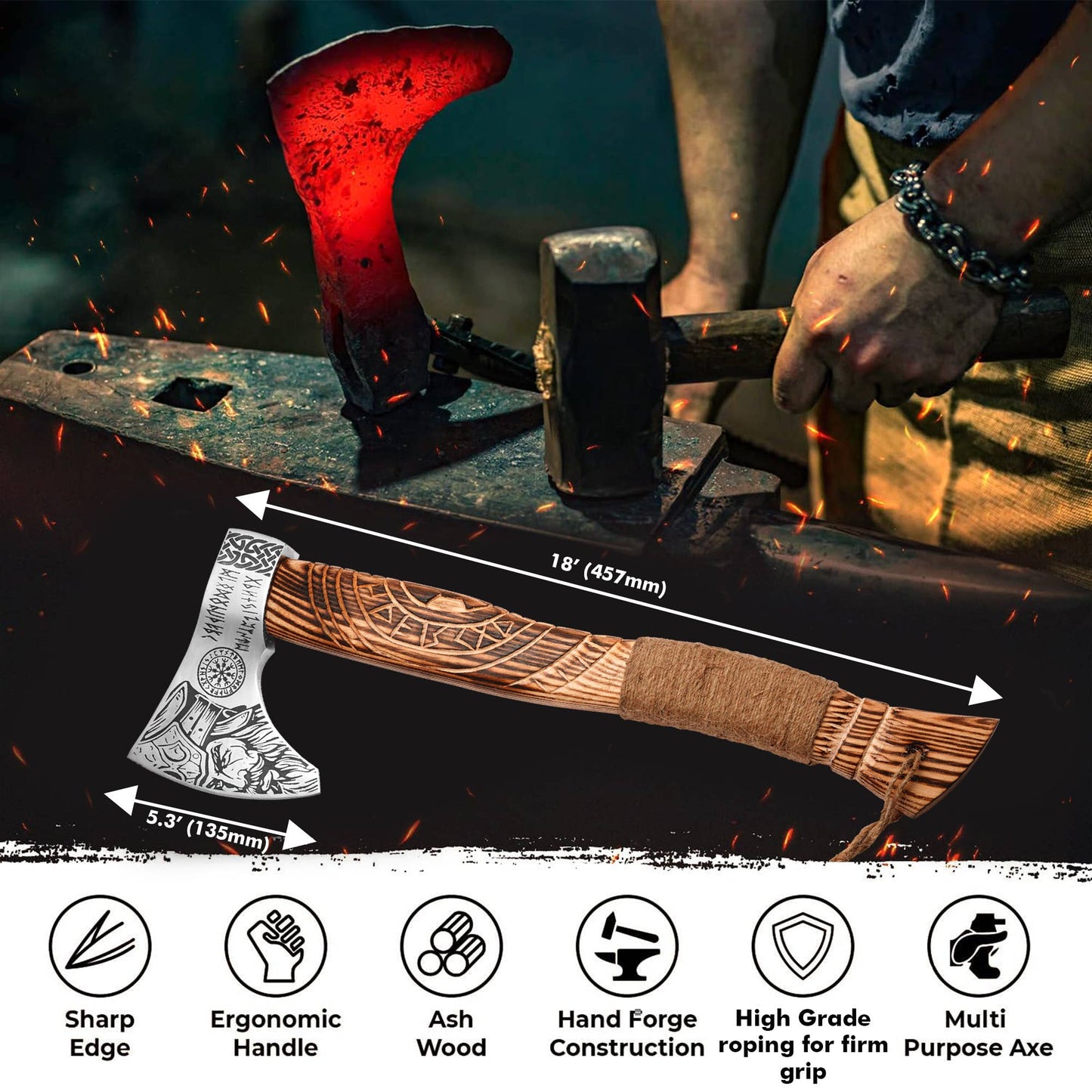 FH KNIVES - 18' Handmade viking axe with sheath, Wall Room Decor