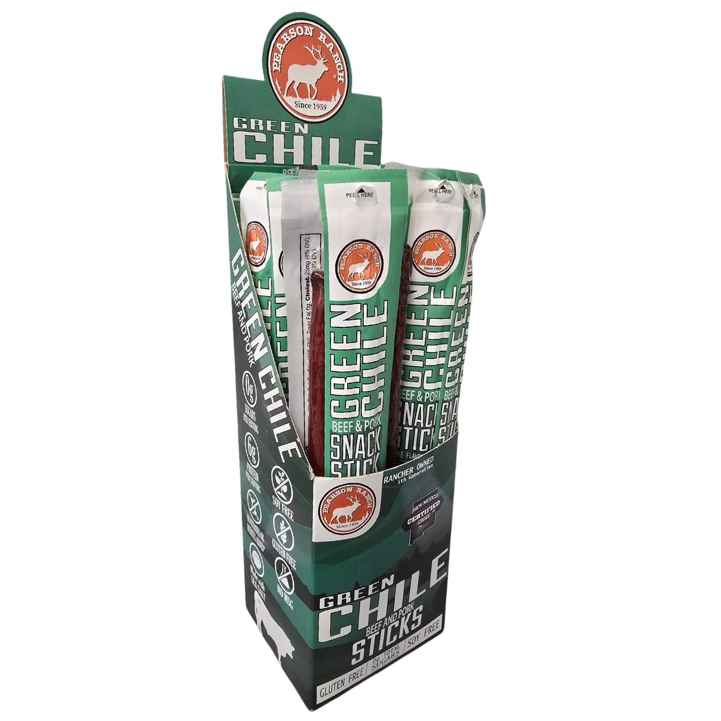 Pearson Ranch Elk & Bison Jerky - 24 Count Caddy - Green Chile Beef & Pork Snack Sticks