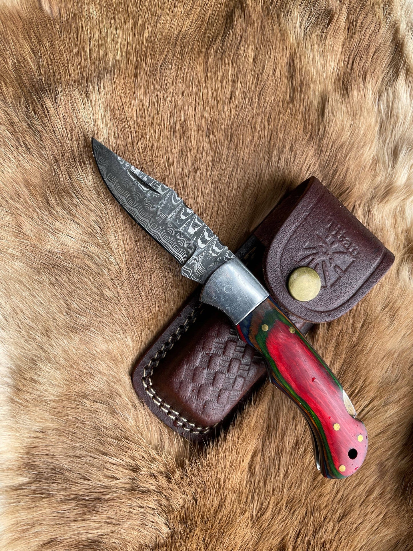 Titan International - POCKET KNIFE RED DIAMOND WOOD 6.5'' DAMASCUS STEEL KNIFE STE