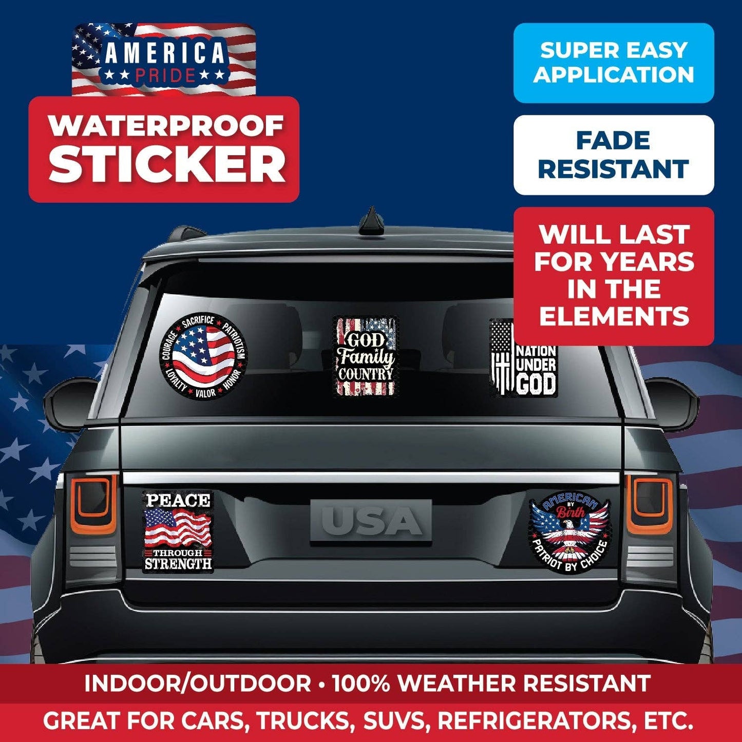 Novelty Closeout - Waterproof Decal Sticker USA America Assortment- 12/Pack