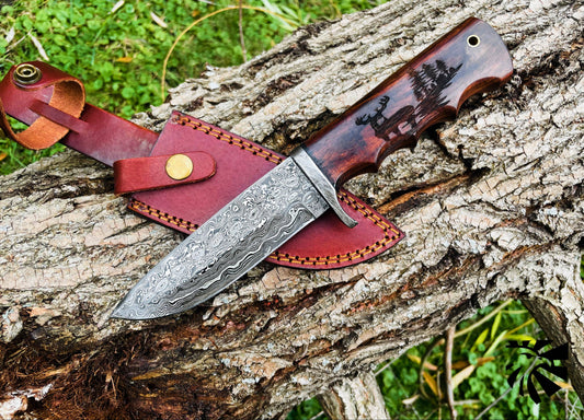 Titan International - A.3 Damascus Steel Hunting Knife Buck Engraved Walnut Scales