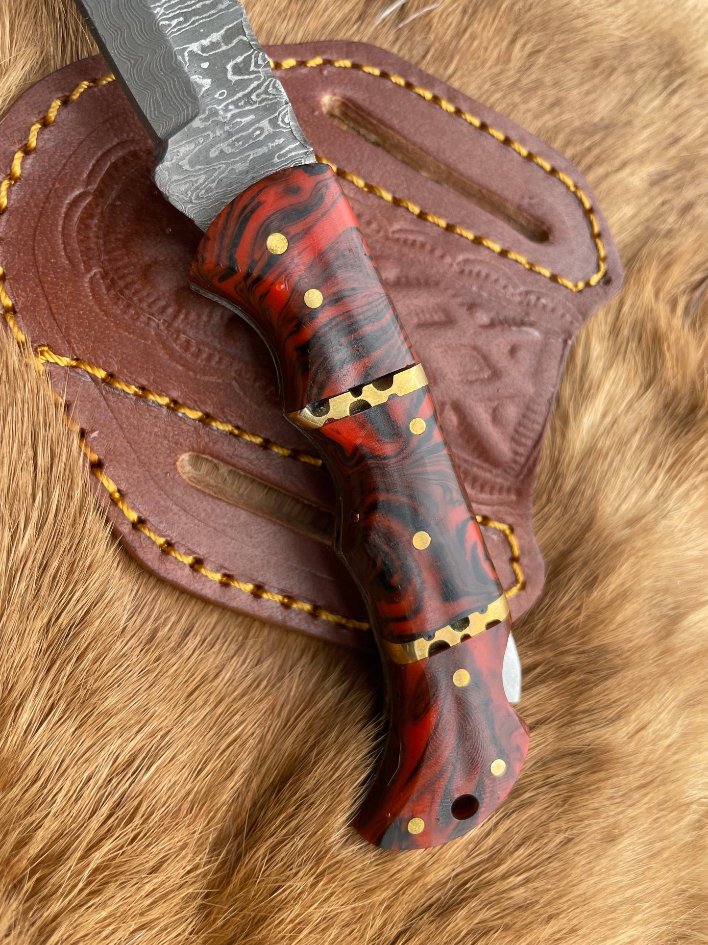 Titan International - POCKET KNIFE RED RESIN WOOD 6.5'' DAMASCUS STEEL KNIFE STEEL