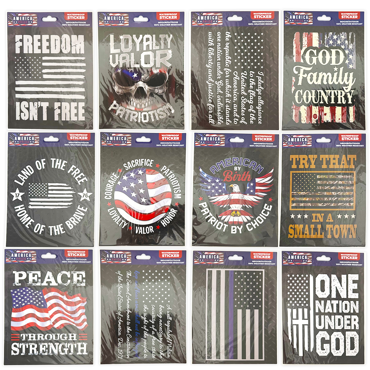 Novelty Closeout - Waterproof Decal Sticker USA America Assortment- 12/Pack