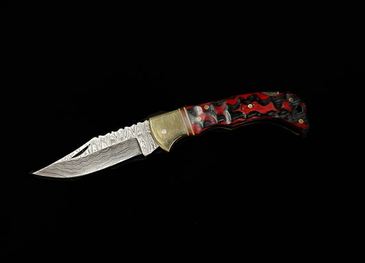 Titan International - BP-007 Red Damascus Steel Folding Knife Limited Run /Pancake