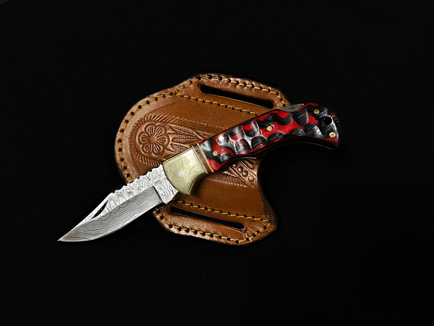 Titan International - BP-007 Red Damascus Steel Folding Knife Limited Run /Pancake